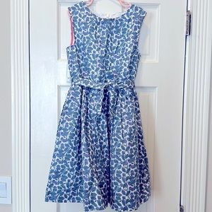 Mini Boden blue pink bird print, bow-tied girls sundress.